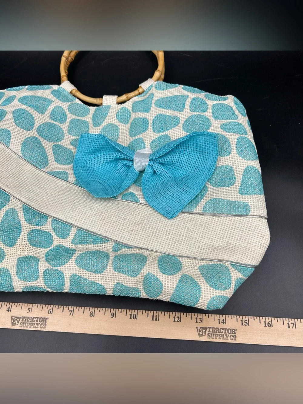Vintage Bamboo Handle Handbag Blue White Straw Raffia Bow Beach Purse Bag